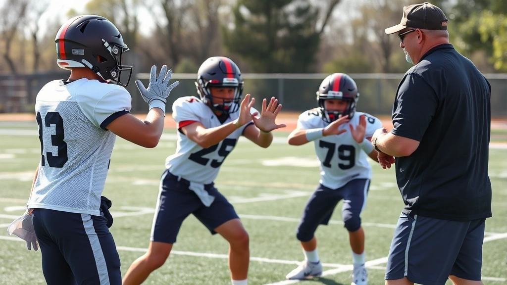 Young football athletes demonstrating proper blocking technique during practice session with coach providing instruction and feedback, photorealistic, athletic field