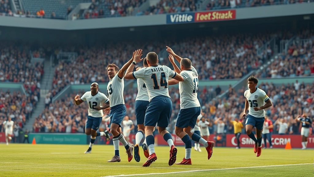 Football team celebrating touchdown with teammates on field during intense competitive game, photorealistic, stadium environment with crowd