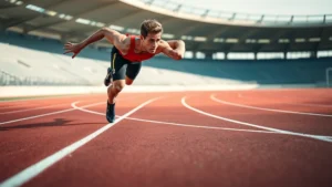 Athletic male sprinter in explosive acceleration position, low body angle, powerful leg drive, track setting, photorealistic dynamic motion