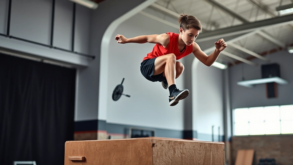 Young athlete executing depth jump from box with perfect landing mechanics, dynamic plyometric movement, athletic facility background, photorealistic explosive training