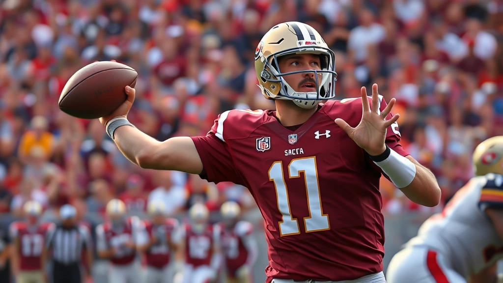 Professional college football quarterback throwing a football during intense game competition with crowd in background, photorealistic action shot showing athletic excellence and competitive determination