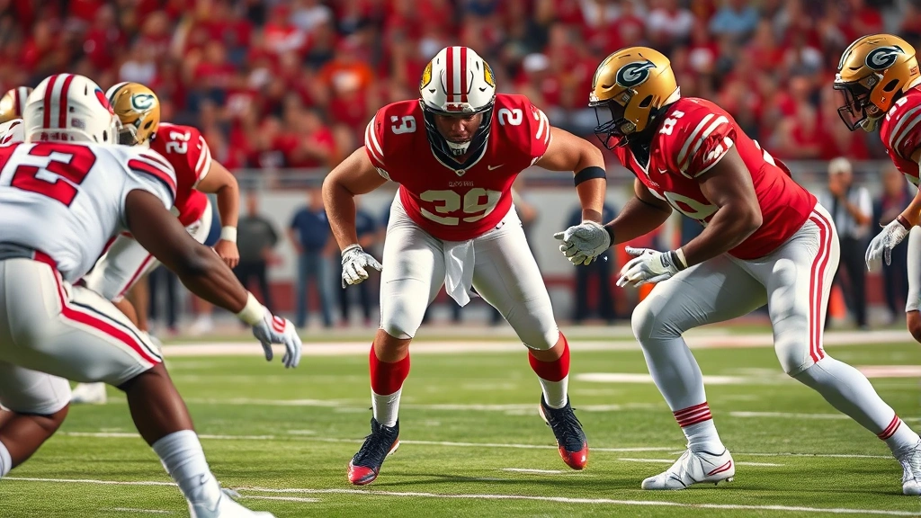 Elite college football defensive lineman in aggressive stance rushing toward quarterback, showing explosive athletic movement and defensive intensity during championship-level competition