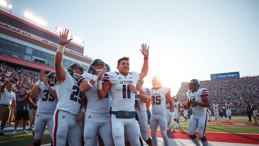 College football team celebrating on field after victory, showing emotional intensity and teamwork with stadium crowd visible in background, capturing rivalry game atmosphere and triumph