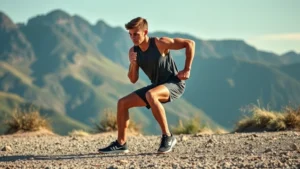 Athlete performing dynamic single-leg squat outdoors with mountain backdrop, demonstrating functional movement quality and core stability engagement in natural lighting
