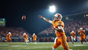 Athletic quarterback in orange Tennessee uniform throwing football downfield with receivers running routes during night game, stadium lights illuminating field, professional sports photography