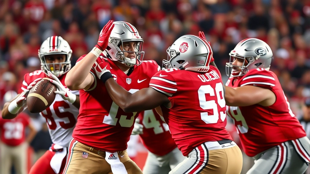 Elite defensive lineman in scarlet Ohio State uniform applying pressure on quarterback with hands extended upward, disrupting passing lane during intense game action, dynamic sports moment
