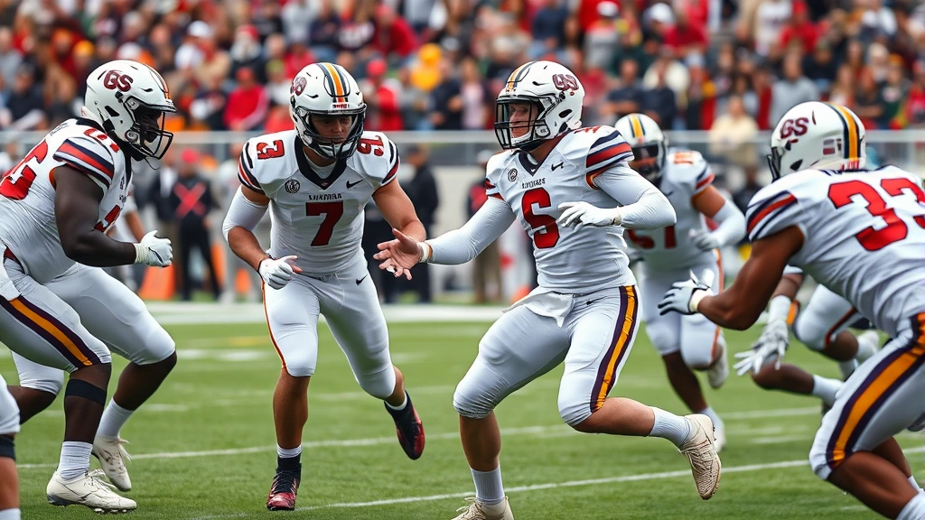 College football players executing handoff in backfield with offensive line clearing running lanes, showcasing coordination and timing, competitive athletic performance during game
