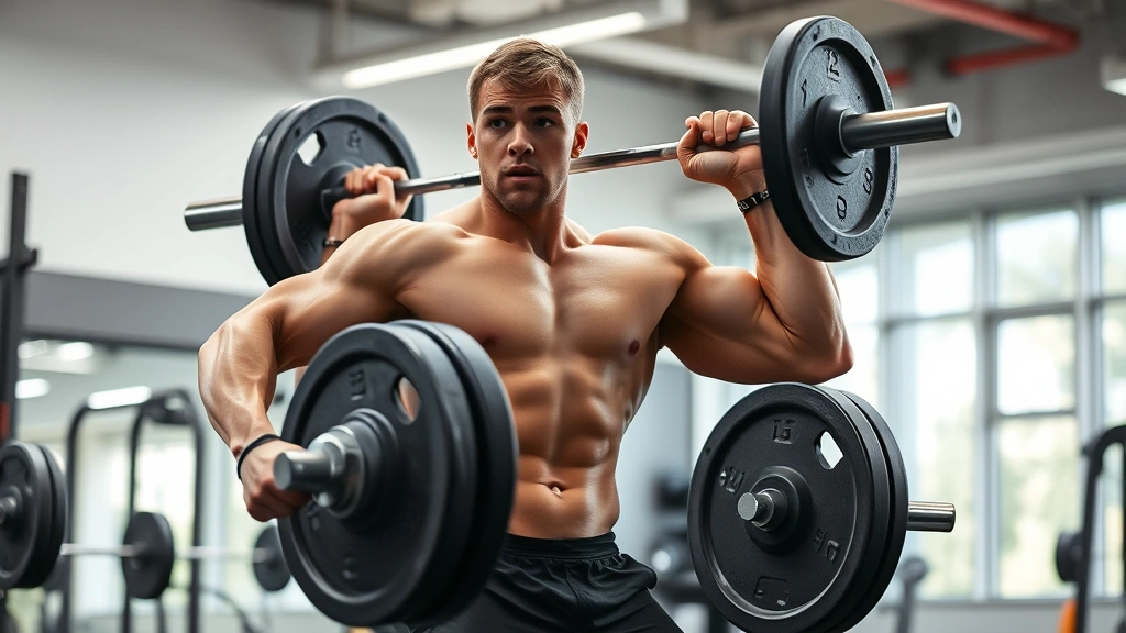 Muscular college football player performing explosive power clean with barbell in modern university weight room, intense focus on lifting form, dynamic movement captured