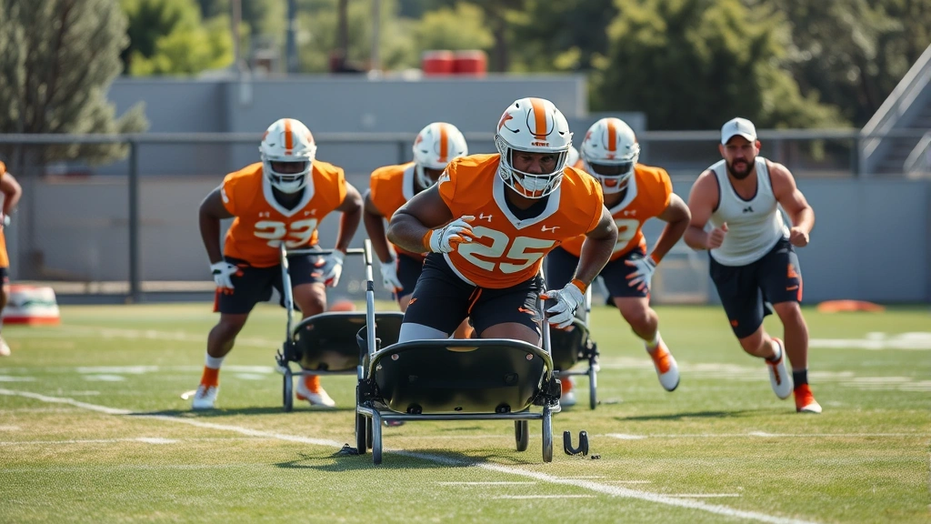 Diverse group of Tennessee football players performing high-intensity sled push training outdoors on practice field, showing explosive effort and athletic intensity during conditioning