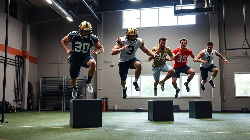 Football athletes performing plyometric box jump exercises in professional strength facility, multiple players mid-jump demonstrating explosive power development and training intensity