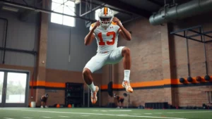 Athletic male football player in Tennessee uniform performing explosive vertical jump testing on indoor gym floor, showcasing lower body power and athletic conditioning, professional sports training facility setting