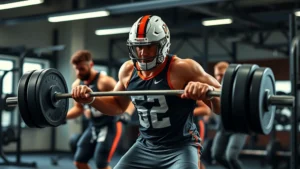 College football players performing explosive power training with barbells in modern weight room, intense focus and athletic movement, photorealistic