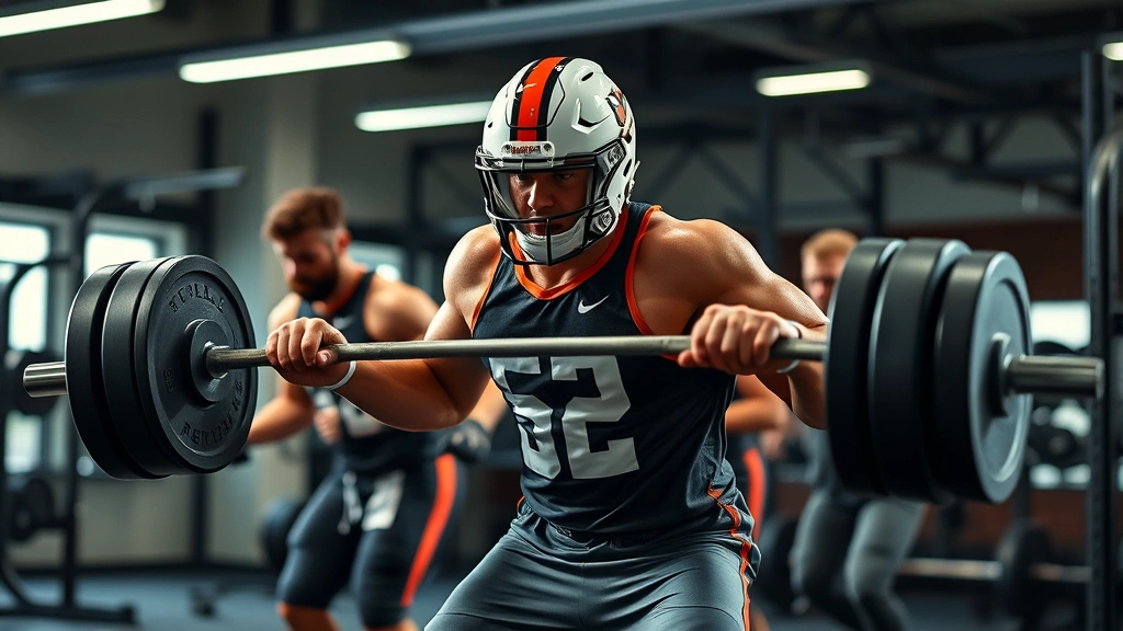 College football players performing explosive power training with barbells in modern weight room, intense focus and athletic movement, photorealistic