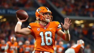 Athletic quarterback in burnt orange uniform executing precise passing mechanics during game action, focused expression, professional stadium lighting, showcasing elite athletic performance and competitive intensity