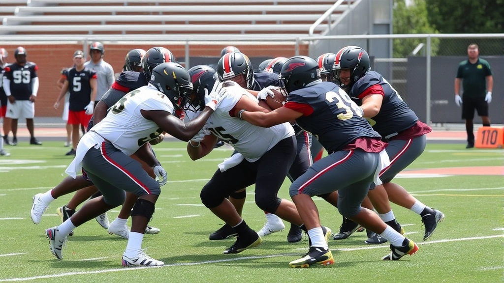 Defensive line players executing gap assignments during intense practice drill, demonstrating proper technique and physical commitment, multiple defenders engaging simultaneously, showing organized defensive structure and coaching emphasis on fundamentals