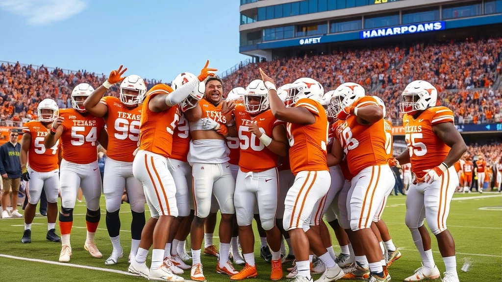 Texas football team celebrating on field after significant victory, displaying team unity and competitive achievement, stadium crowd visible in background, capturing emotional intensity and championship-caliber performance standards