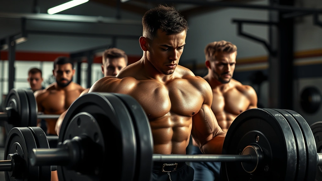 High school football players in intense strength training, performing barbell deadlifts in professional gym setting with focused expressions, muscular athletes lifting heavy weights, dramatic lighting emphasizing athleticism