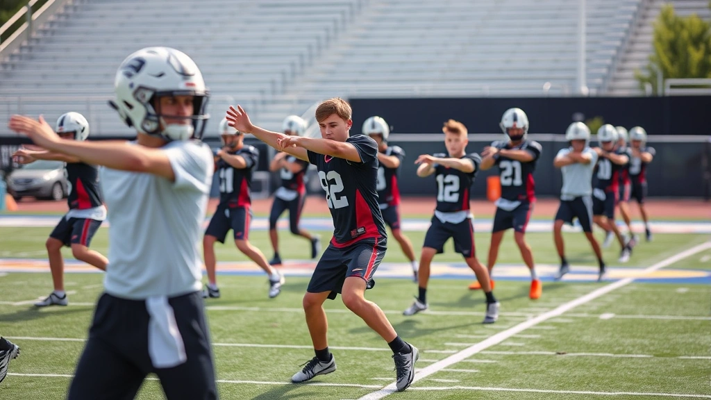 Young football athletes performing dynamic warm-up exercises on field before game, stretching and movement preparation drills, multiple players in athletic gear demonstrating flexibility and mobility work