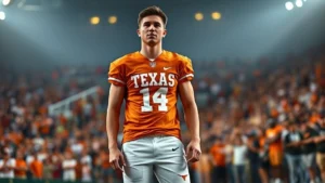 Athletic male fan wearing authentic burnt orange Texas Longhorns jersey and white shorts, standing confidently in stadium setting with blurred crowd background, professional stadium lighting