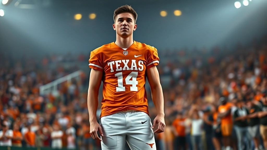 Athletic male fan wearing authentic burnt orange Texas Longhorns jersey and white shorts, standing confidently in stadium setting with blurred crowd background, professional stadium lighting