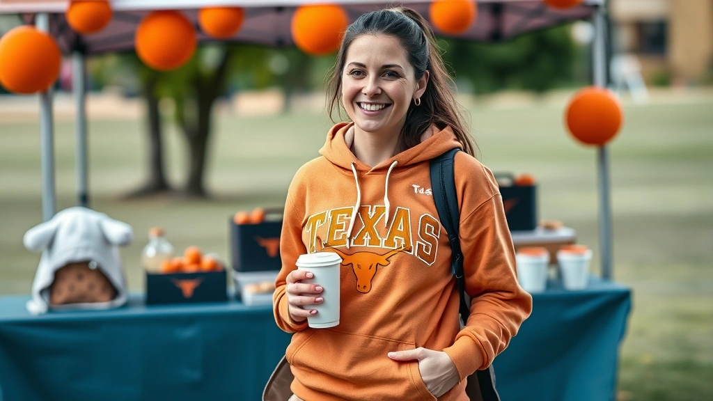 Female fan in tailored women's Texas Longhorns hoodie and matching athletic wear, smiling while holding a coffee cup at outdoor tailgate setup with burnt orange decorations