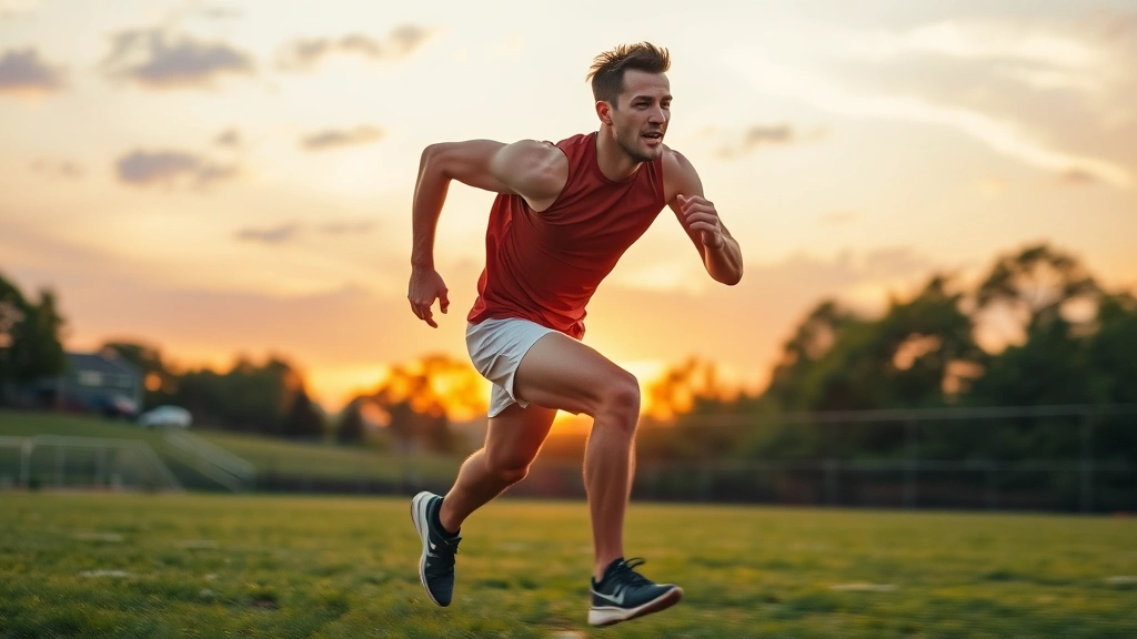 Athletic male sprinting explosively on grass field at sunset, muscular definition visible, intense focus expression, dynamic motion blur, professional sports photography