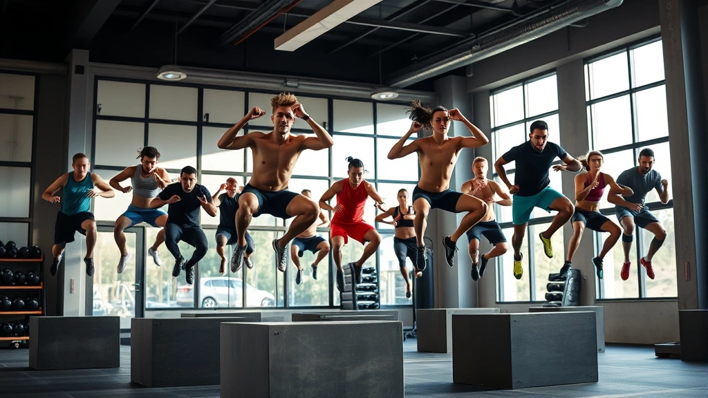 Diverse group of athletes performing plyometric box jumps in modern gym, mid-jump captured, explosive power movement, natural lighting, energetic training environment