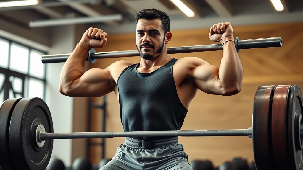 Athlete performing Olympic weightlifting clean movement with perfect form, explosive hip extension, concentrated facial expression, professional gym setting, dynamic athletic motion