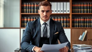 Professional athlete in formal business attire sitting in law office with legal documents, serious determined expression, modern office setting with law books in background, natural lighting, photorealistic