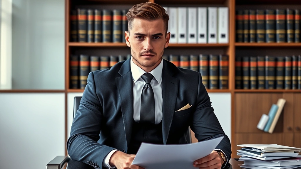 Professional athlete in formal business attire sitting in law office with legal documents, serious determined expression, modern office setting with law books in background, natural lighting, photorealistic