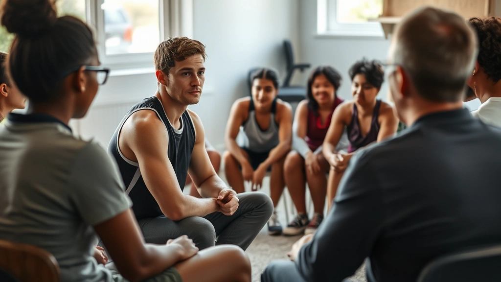 Young athlete participating in counseling or support group session, sitting in circle with diverse group, supportive environment, focused on recovery and rehabilitation, natural lighting, candid moment