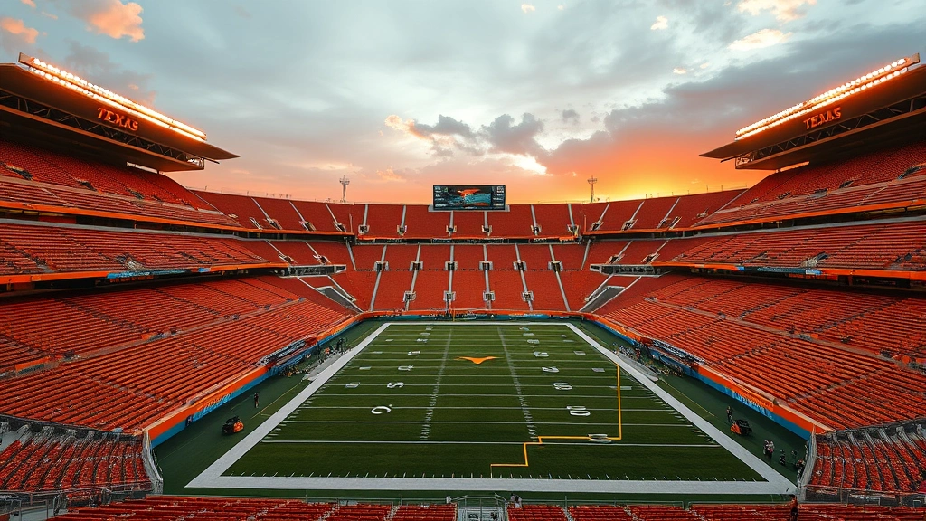 Texas football stadium at sunset, iconic burnt orange colors visible, empty stands suggesting accountability and reflection, professional stadium architecture, atmospheric lighting, wide establishing shot