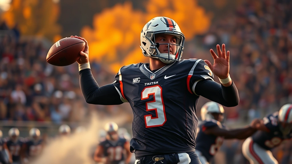 Professional quarterback throwing football during intense college game, autumn stadium lighting, dramatic motion capture, athletic excellence in action