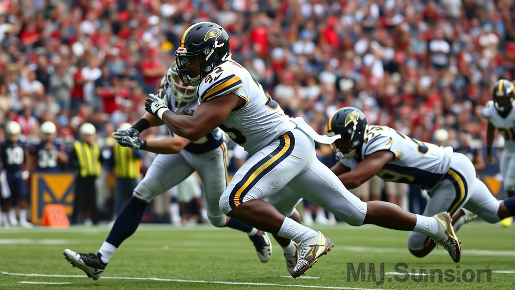 Elite defensive lineman executing powerful tackle during competitive football game, stadium crowd background, physicality and technique demonstration, game day intensity