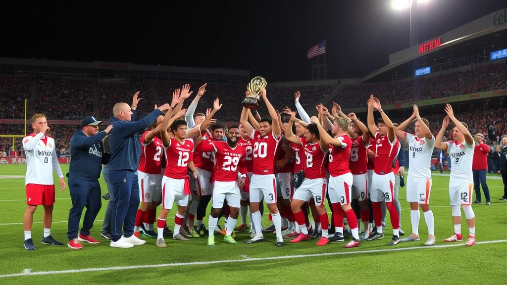 Victorious football team celebrating championship moment on field, trophy presentation, coaching staff and players emotional reaction, championship glory