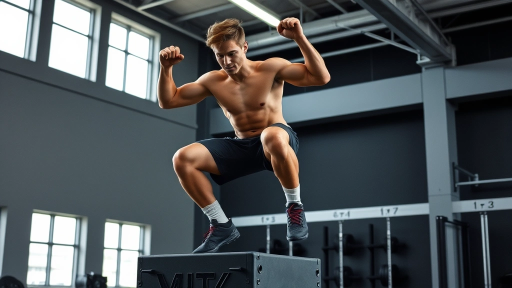 Shirtless college football athlete performing explosive plyometric box jump in modern training facility with weights visible, demonstrating athletic power and conditioning excellence