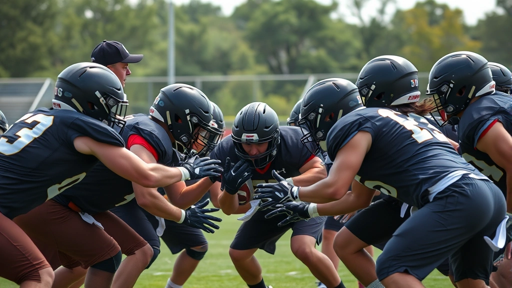 Intense defensive line scrimmage during football practice with players in contact, showing tackling technique and gap discipline under coach supervision in outdoor practice field