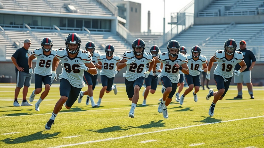 Professional college football players performing high-intensity sprint drills on field with coaches observing, morning training session with natural sunlight, athletic wear, focused expressions, stadium background