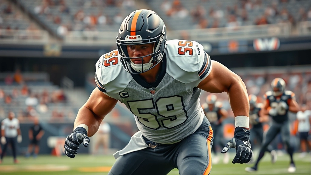 Muscular football linebacker in defensive stance during practice, explosive power position, intense concentration, stadium or training facility setting, athletic preparation, professional-grade equipment