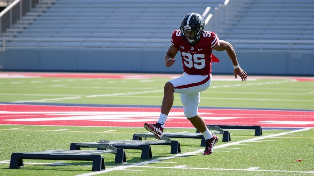 College football player performing agility ladder drill with precise footwork, speed and coordination training, athletic field setting, concentrated effort, explosive movement capability demonstration
