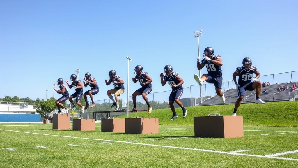 College football players performing explosive box jump drills outdoors on grass field, mid-jump action, athletic power display, team training environment, bright daylight