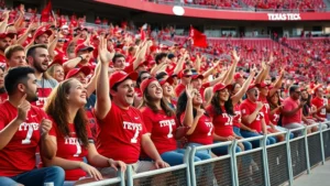 Energetic crowd of college football fans in red Texas Tech apparel cheering in stadium stands during daytime game, passionate expressions, stadium atmosphere
