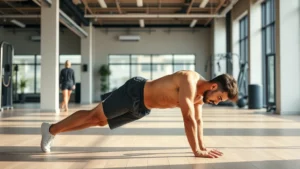 Athletic male performing a perfect plank exercise with straight body alignment in modern gym setting with natural lighting
