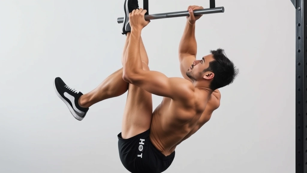 Fit male performing hanging leg raises on pull-up bar demonstrating advanced core strength and controlled movement