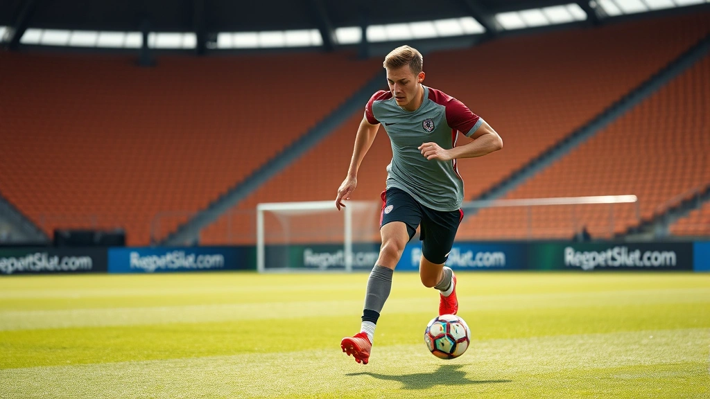 Elite soccer athlete executing high-intensity sprint drill on grass training pitch, dynamic motion capture, athletic concentration and muscular effort visible, professional stadium setting