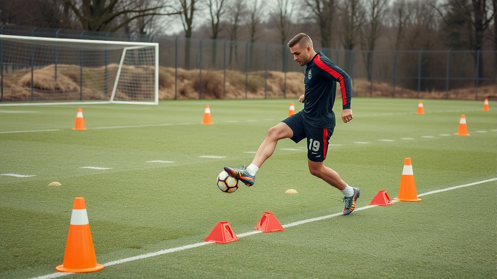 Professional footballer performing agility ladder footwork drill during training session, rapid footwork coordination, focused movement pattern, natural outdoor training environment with cones