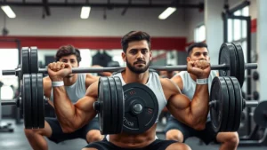 College football players performing heavy barbell back squats in a modern strength training facility, intense focused expressions, plates loaded on bar, athletic physiques, professional gym setting