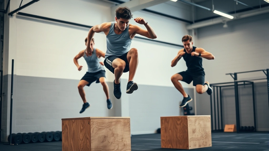 Young male athletes executing box jumps explosively in indoor training facility, powerful leg extension mid-jump, athletic wear, wooden boxes, dynamic movement captured, professional coaching environment