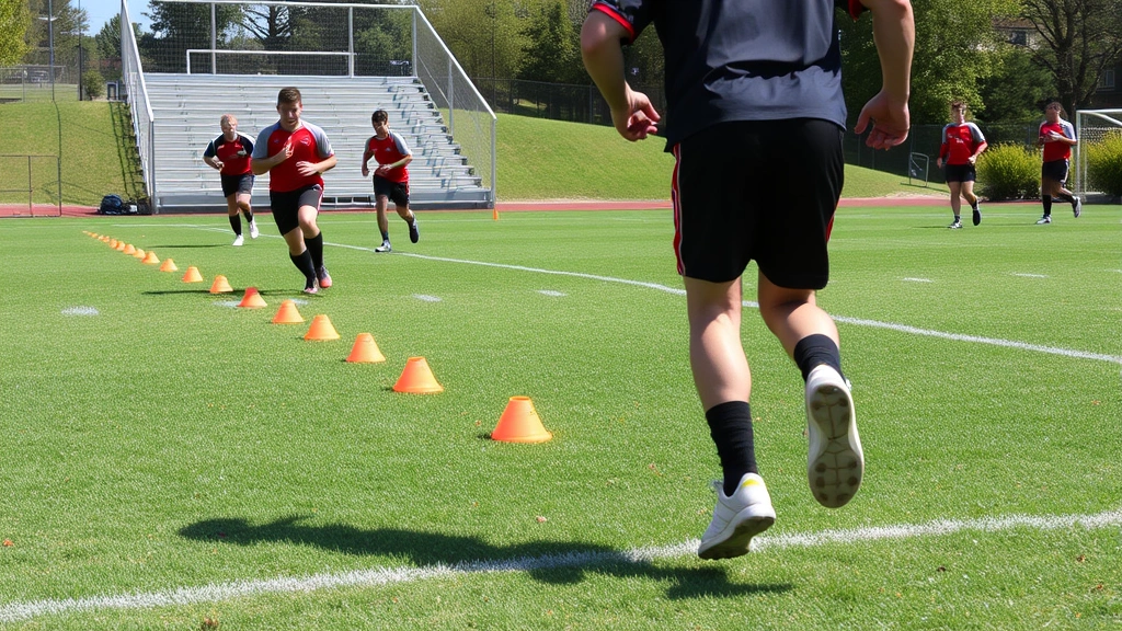 Football players performing agility ladder drills and cone drills outdoors on grass field, rapid directional changes, athletic movements, natural lighting, competitive training atmosphere