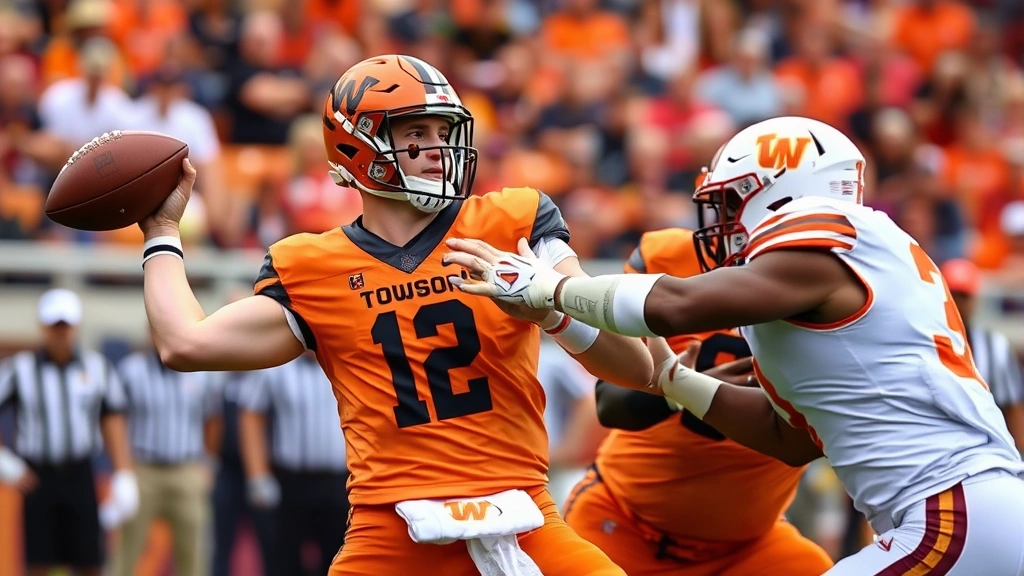 Professional college football quarterback in orange and black Towson uniform executing mid-throw against defensive pressure, crowd blurred background, dynamic action shot